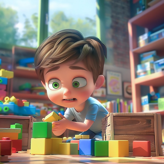 A cute boy is sitting on the floor playing with blocks