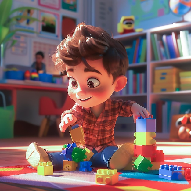 A cute boy is sitting on the floor playing with blocks