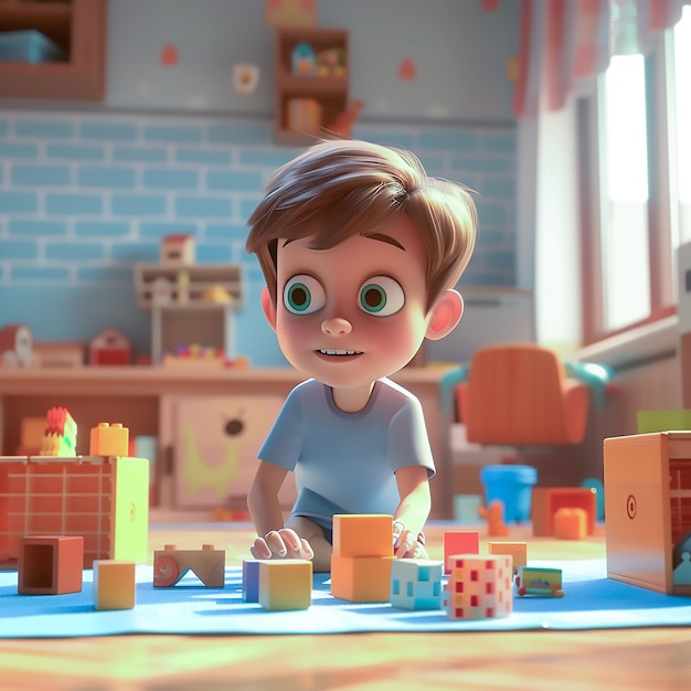 A cute boy is sitting on the floor playing with blocks