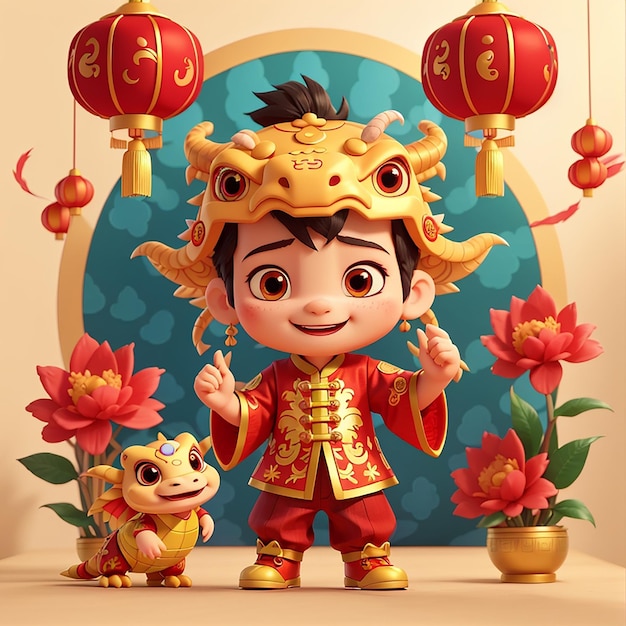 Cute Boy Playing Dragon Barongsai Chinese New Year 2024 Cartoon Vector Icon Illustration People Holiday Icon Concept Isolated Premium Vector Flat Cartoon Style