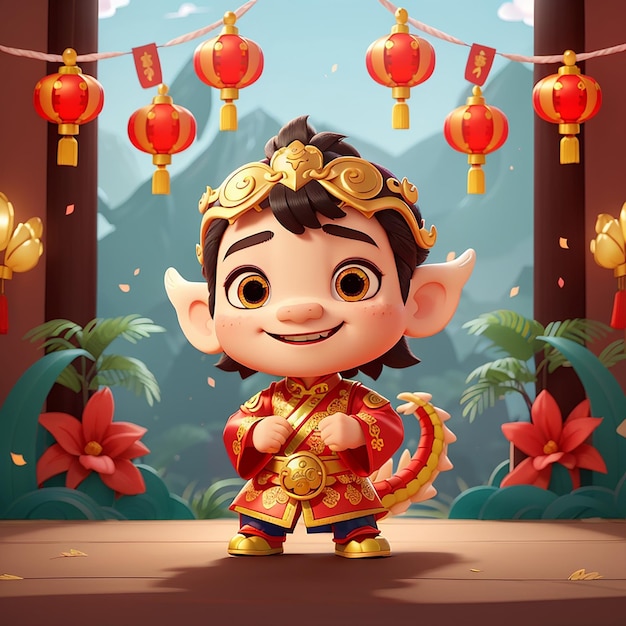 Cute Boy Playing Dragon Barongsai Chinese New Year 2024 Cartoon Vector Icon Illustration People Holiday Icon Concept Isolated Premium Vector Flat Cartoon Style