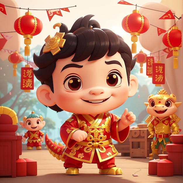 Cute Boy Playing Dragon Barongsai Chinese New Year 2024 Cartoon Vector Icon Illustration People Holiday Icon Concept Isolated Premium Vector Flat Cartoon Style