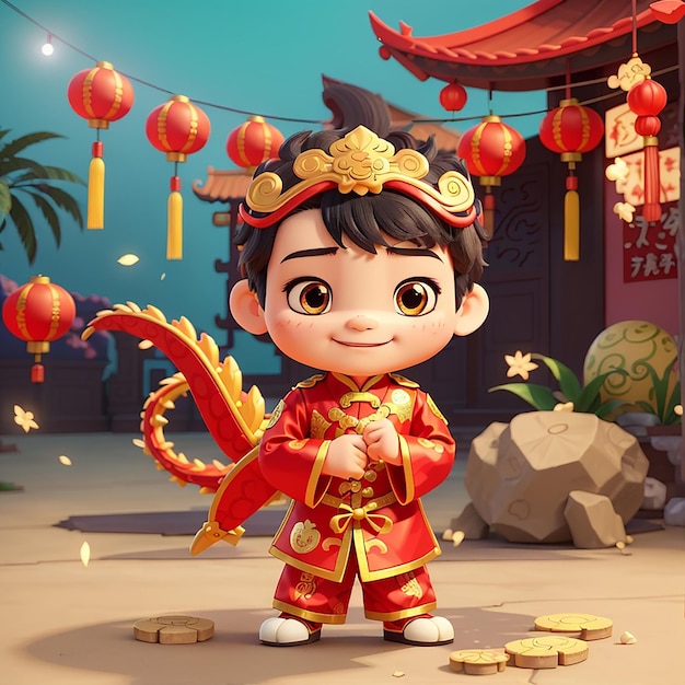 Cute Boy Playing Dragon Barongsai Chinese New Year 2024 Cartoon Vector Icon Illustration People Holiday Icon Concept Isolated Premium Vector Flat Cartoon Style