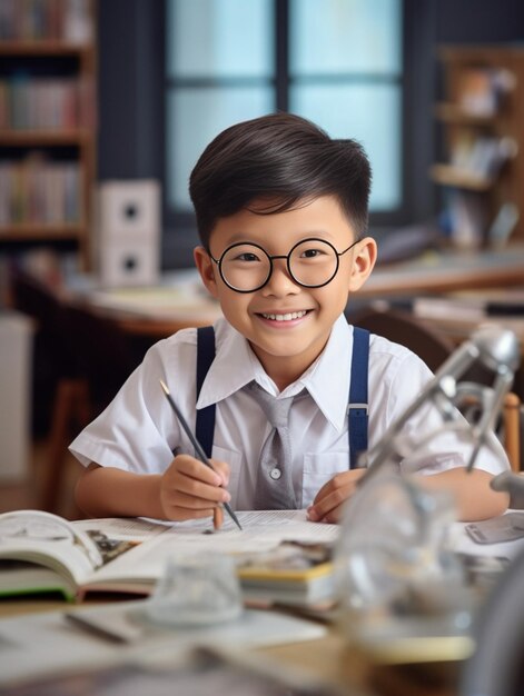 A cute boy in a white tshirt sits at a school Desk holding a magnifying glass and lo Generative AI