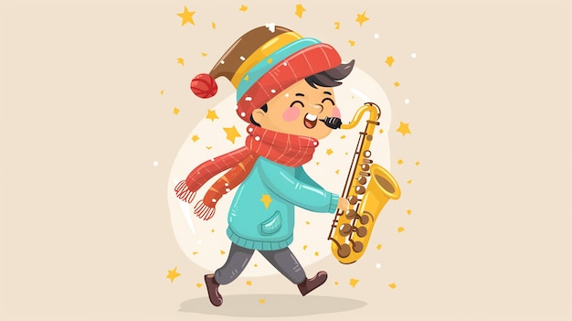 Photo cute boy in winter clothes playing a saxophone with a happy expression