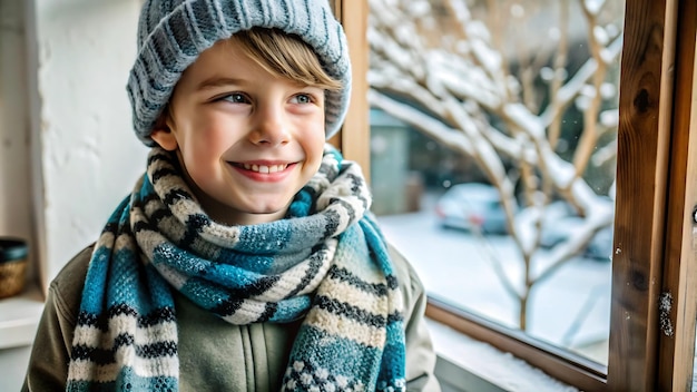 Cute Boy in Winter Hat and Scarf Looking Out Window