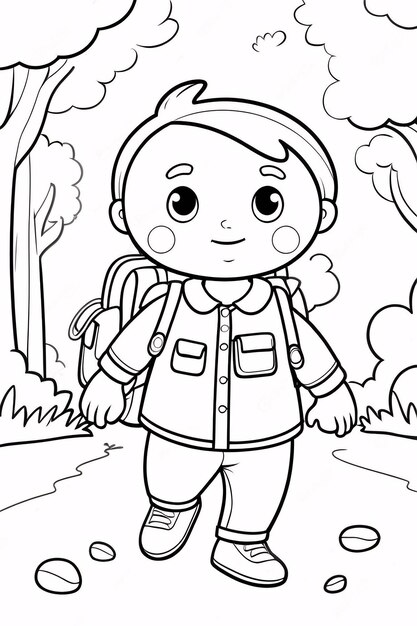 Cute Boy With Backpack Going To School Line Art Hand Drawn Kawaii Kids Coloring Book Illustration