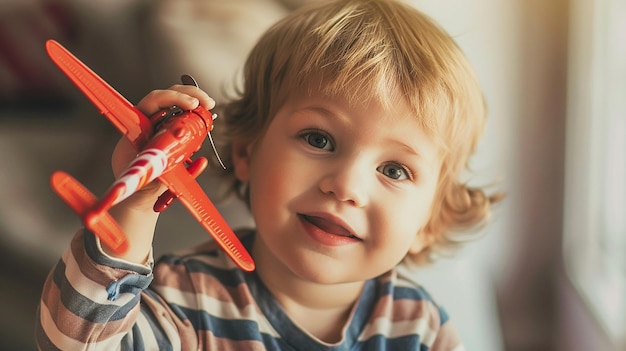 Photo cute boy with cute smile playing with toys