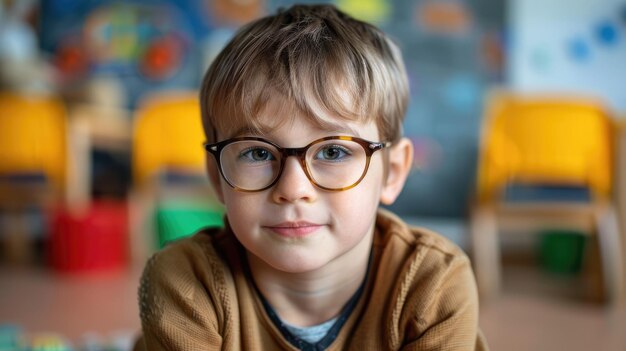 Cute boy with glasses in kindergarten Vision problems in preschoolers