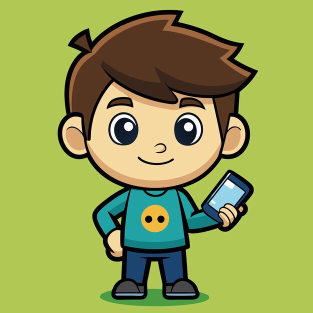 Photo cute boy with mobile phone cartoon