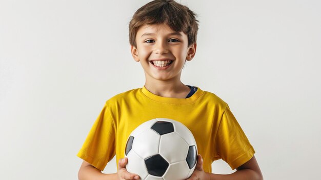 Cute boy in a yellow Tshirt holds a soccer ball in his hands posing in the studio Football concept