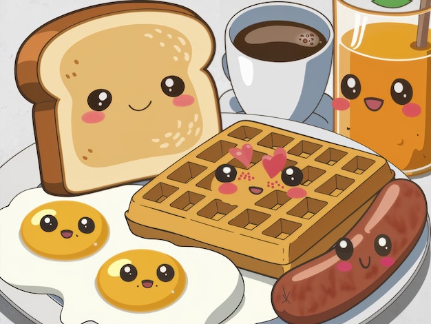 Photo cute breakfast plate with smiling toast and waffle some eggs tasty sausage coffee and juice