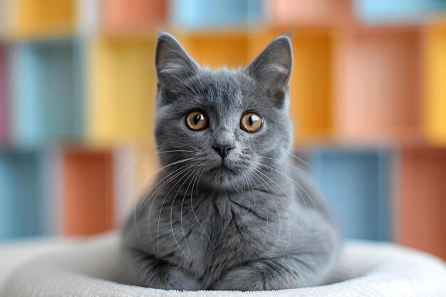 Cute british shorthair kitten on color background closeup