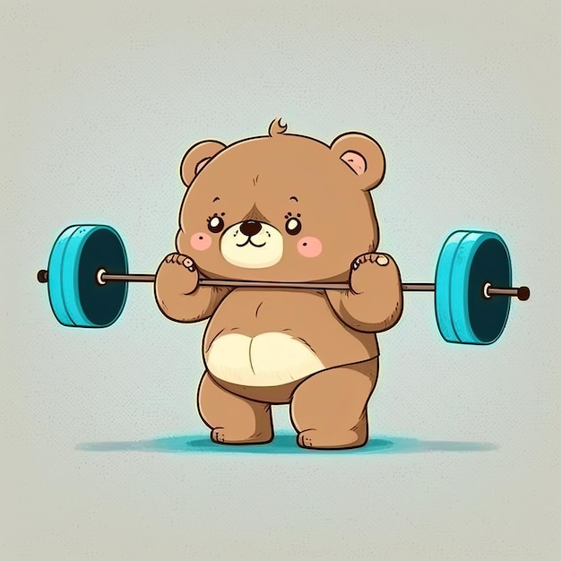 Cute brown baby bear lifting barbell Character in the gym Generative AI