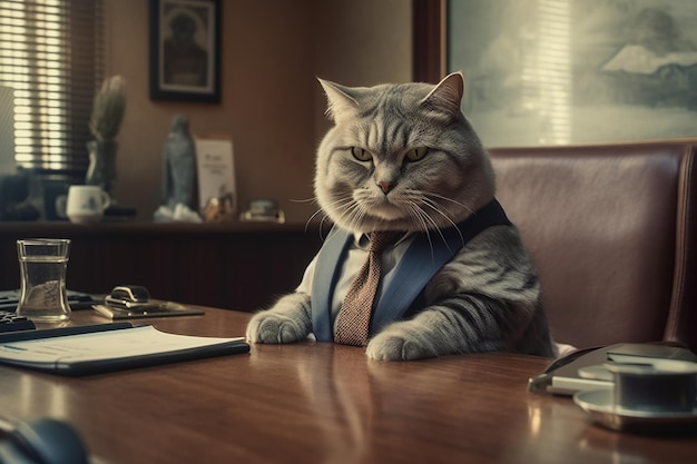 A cute brown cat sits in the office as a director Generation AI