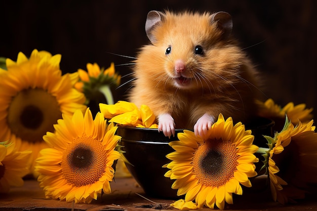 Cute Brown Hamster Get into the Bowl on a Beautiful Sunflower Background in Springtime