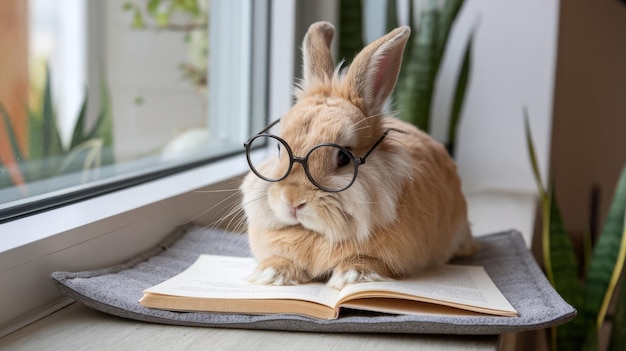 Cute brown little bunny rabbit with eyeglasses lying on pld on windowsill reading book indoors near