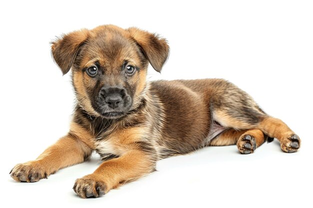 cute brown mixed breed puppy dog lying down in a studio on white background