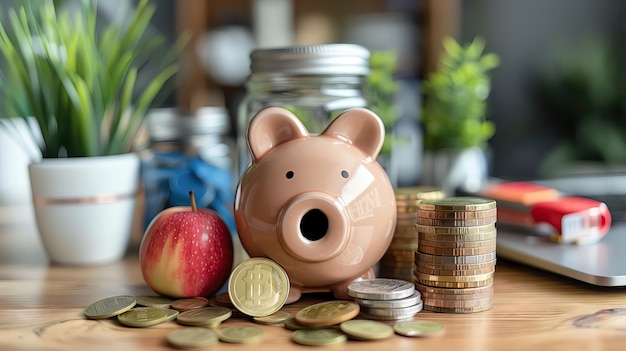 A cute brown piggy bank surrounded by stacks and piles of coins an apple and a jar in the background