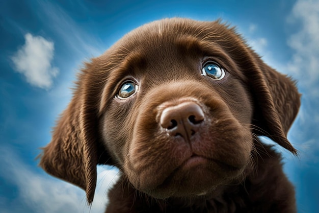 Cute brown puppy with striking blue eyes gazing upward Generative AI