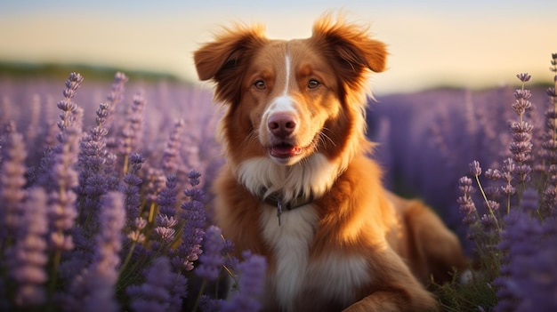 A cute Brown retriever dog Toller standing in a field with purple flowers in a lavender field at sunset The dog looks at the camera with a curious expression on his face