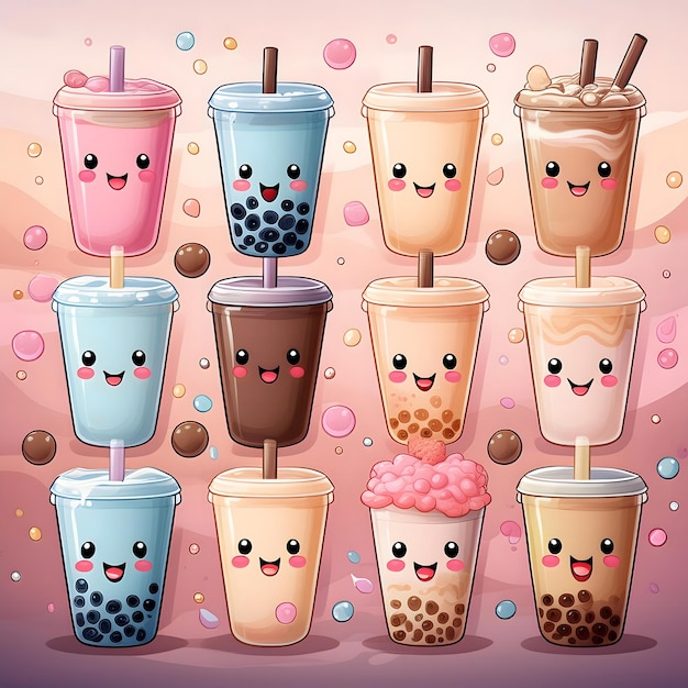 Photo cute bubble tea characters