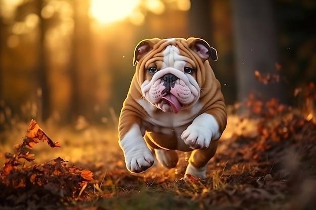 Cute Bulldog Playing Outdoor And Copy Space