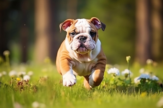 Cute Bulldog Playing Outdoor And Copy Space