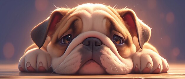 Photo cute bulldog puppy lying down with big eyes in the style of a cartoon