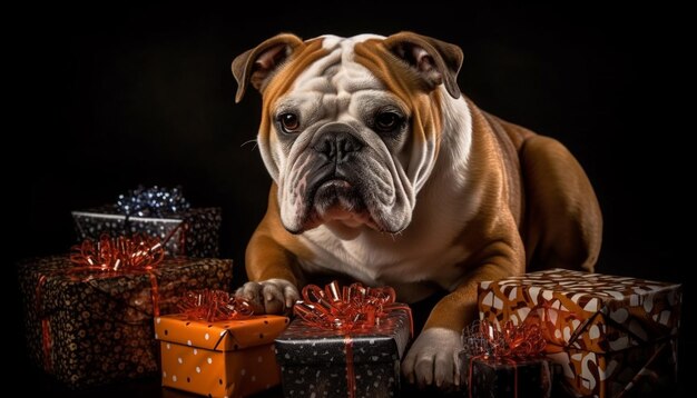 Photo cute bulldog puppy sitting looking at camera wrapped in gift generated by artificial intelligence