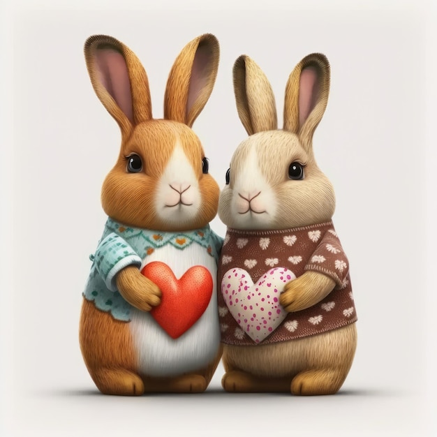 Cute bunnies with heart Bunnies on a white background Place for text Generative AI