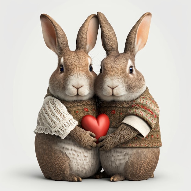 Cute bunnies with heart Bunnies on a white background Place for text Generative AI