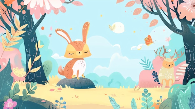 Cute bunny and deer resting in a whimsical forest