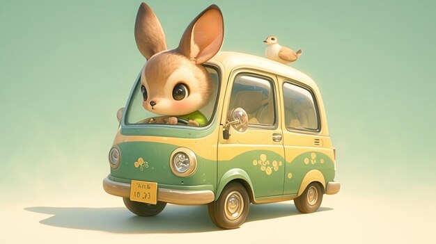 Photo cute bunny driving a vintage van whimsical 3d illustration perfect for childrens books