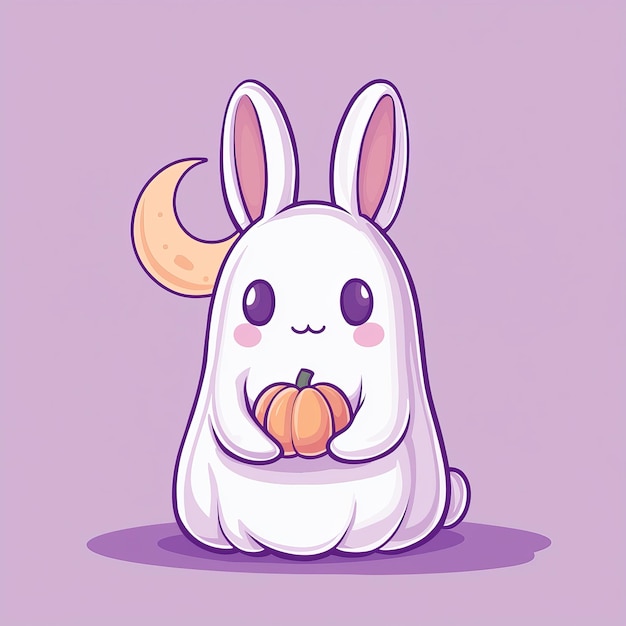 Photo cute bunny ghost holding a pumpkin for halloween