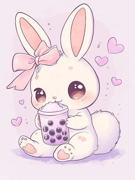 Photo cute bunny girl with pink bow drinking bubble tea