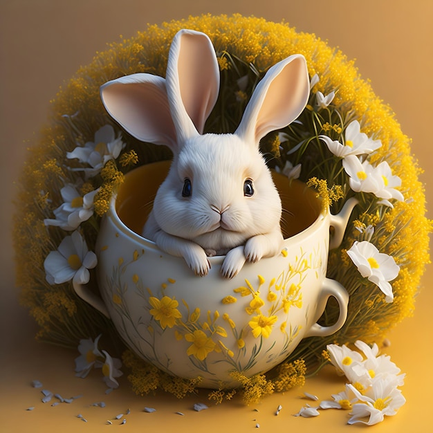 Cute bunny is sitting in a tea mug yellow flowers morning lighting generated by ai