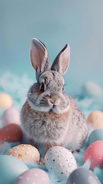 A cute bunny nestled among ornately patterned Easter eggs Generate AI