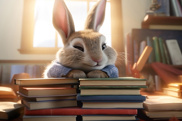 Cute bunny print on a mountain of books