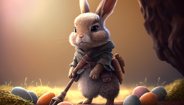 A cute bunny protects Easter eggs Bunny with a spear Generative AI