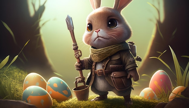 A cute bunny protects Easter eggs Bunny with a spear Generative AI