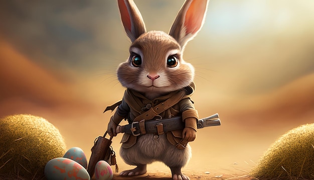 A cute bunny protects Easter eggs Bunny with a spear Generative AI