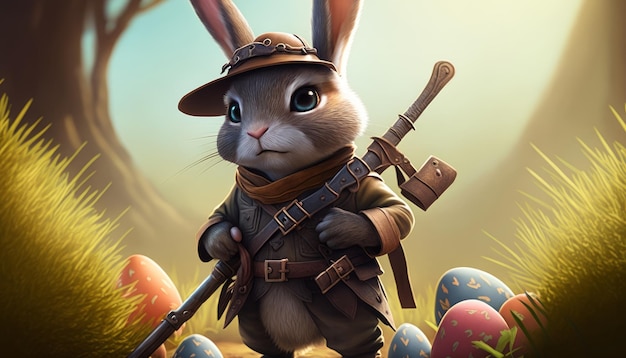 A cute bunny protects Easter eggs Bunny with a spear Generative AI