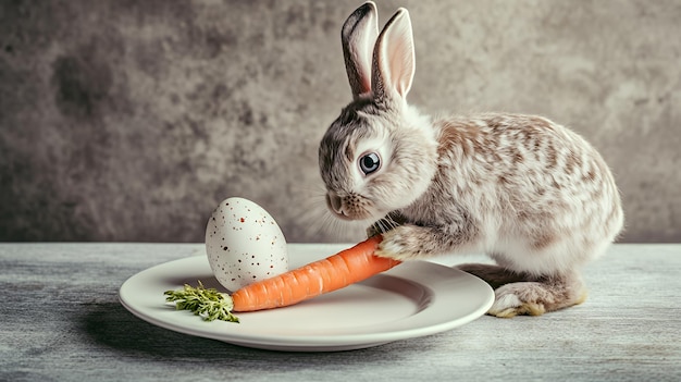 A cute bunny rabbit on a white plate eating a carrot and an Easter egg