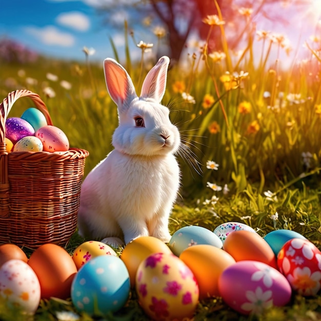 Cute bunny rabbit with colorful easter eggs traditional easter spring tradition