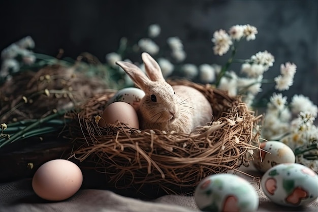 Cute bunny sitting in a colorful nest surrounded by Easter eggs Generative AI