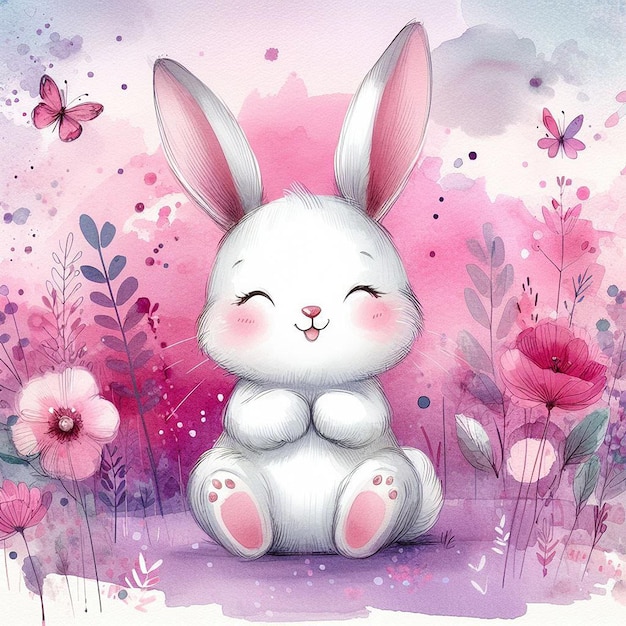 cute bunny smiling on a pink background with flowers expressionist style