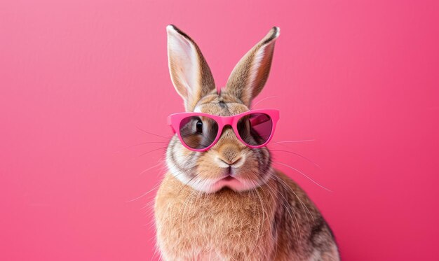 Cute bunny in sunglasses on a pink background Easter holiday concept Copy space