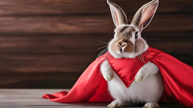 Cute Bunny Superhero in Red Cape Funny Animal Stock Photo