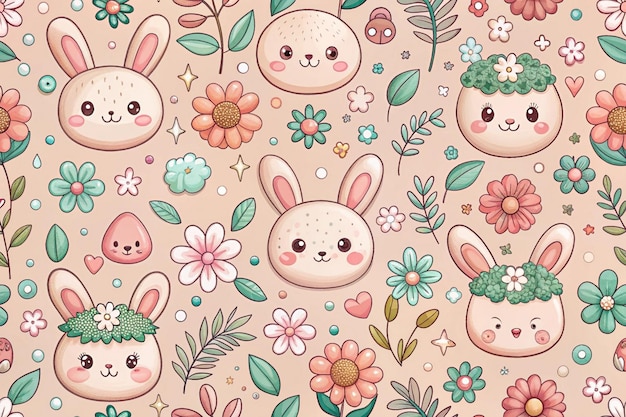 Photo cute bunny wallpaper with flowers and a bunny on it